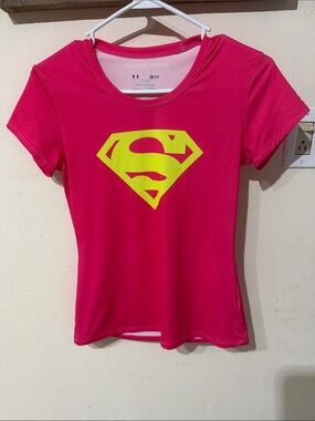 Under Armour Superman Hot Pink Short Sleeve Tee with Neon Yellow Graphic